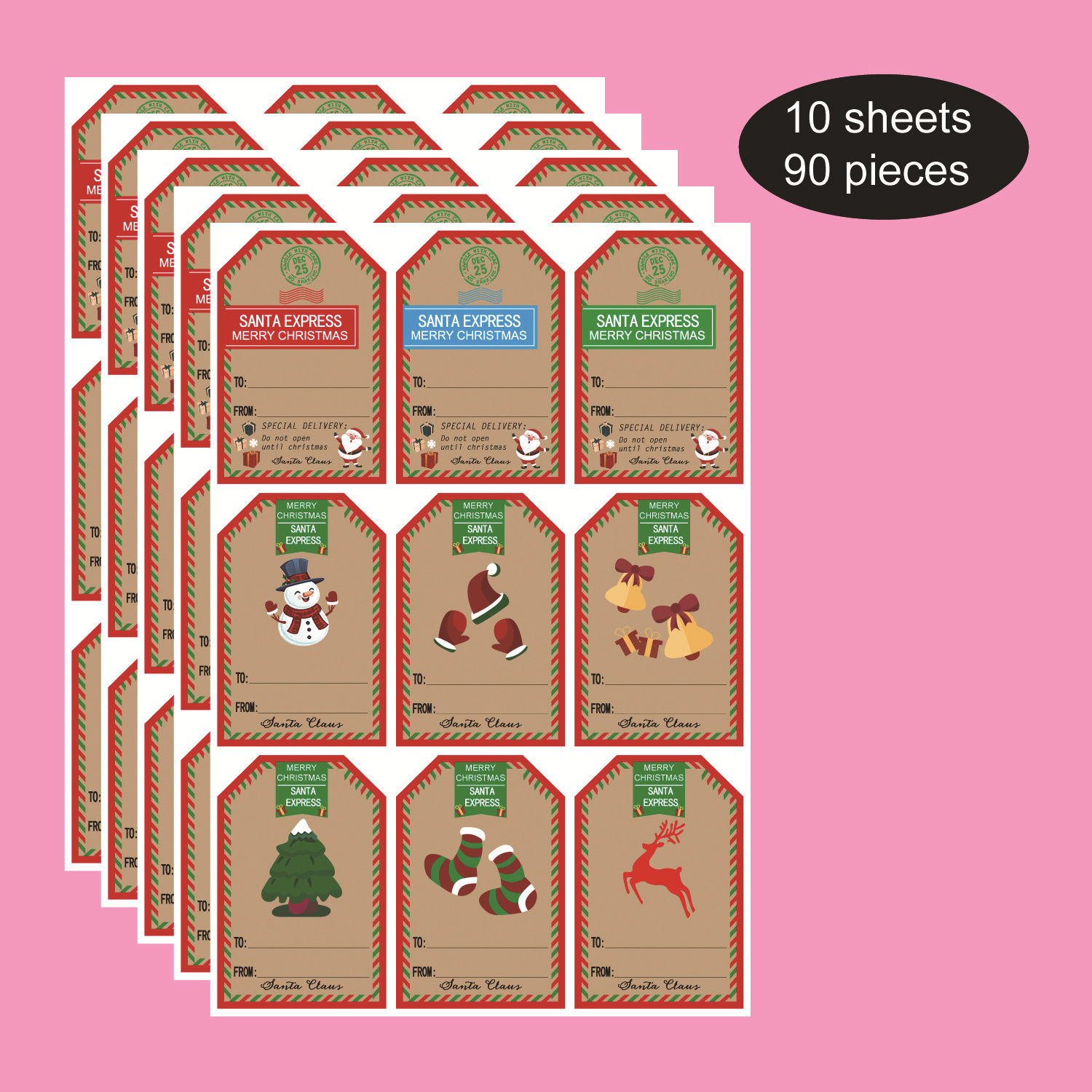 90PCS，3*2英寸，圣诞主题贴纸，圣诞老人，圣诞列车标签贴纸