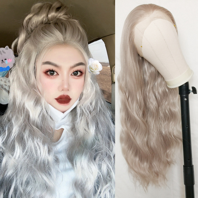 Chemical fiber front lace natural wave wig Europe and the United States foreign trade gray long curly hair high temperature silk headgear wig a generation of hair