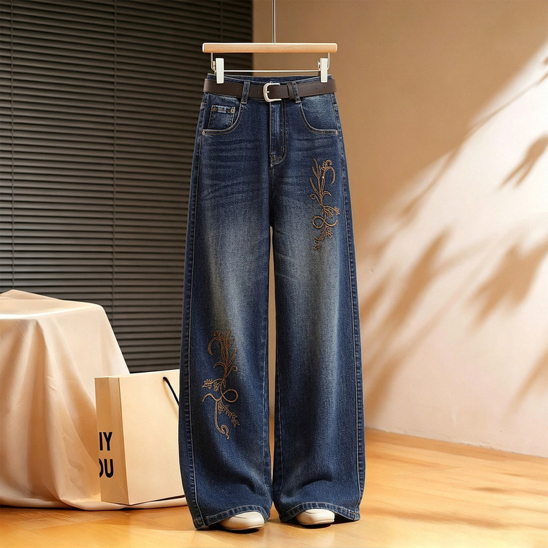 High-waisted, loose-fitting, wide-leg jeans with intricate embroidery for women, 2026 autumn new style, suitable for petite figures