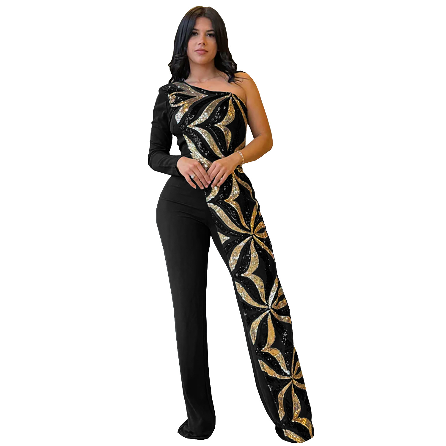 C7301 Cross-border AliExpress Amazon Ropa de mujer de moda europea y americana Temperamento ajustado de un solo hombro Bolso de lentejuelas Mono de brazo