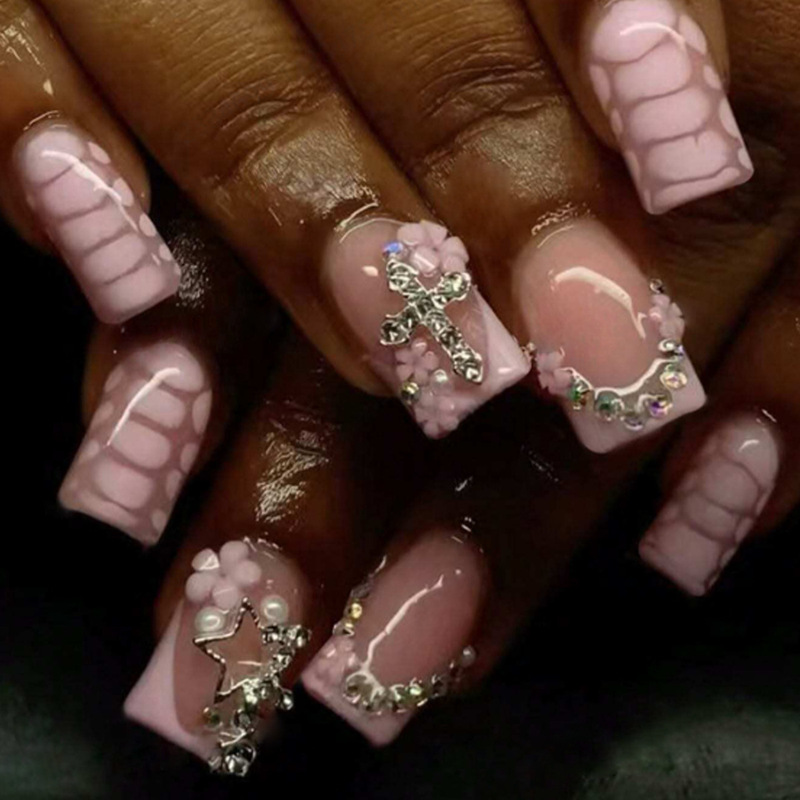 Wear European Square Pink French Edge Five-Petal Flower Star Cross Diamond Design Removable Fake Nails
