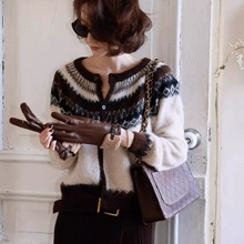 老钱风费尔岛羊驼毛圆领针织开衫上衣女秋冬季内搭显瘦毛衣外套女