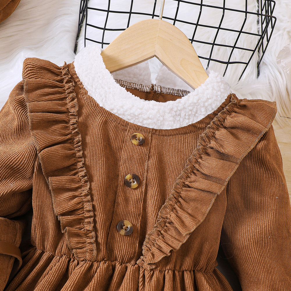 EW Children's Clothing New Product for Girls Autumn and Winter, Corduroy Plush Ruffle Edge Dress Q1446-C_voghion.com