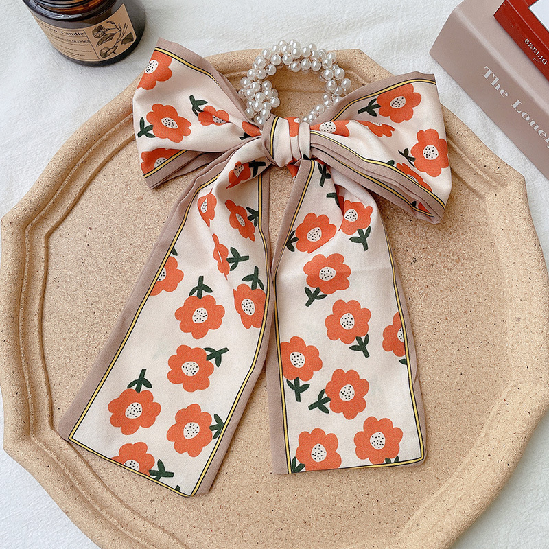 Banda de pelo de bufanda de seda para mujer corbata de pelo fino de verano de perlas cinta de arco Hada cuerda de pelo de todo fósforo estilo coreano accesorios para el cabello al por mayor