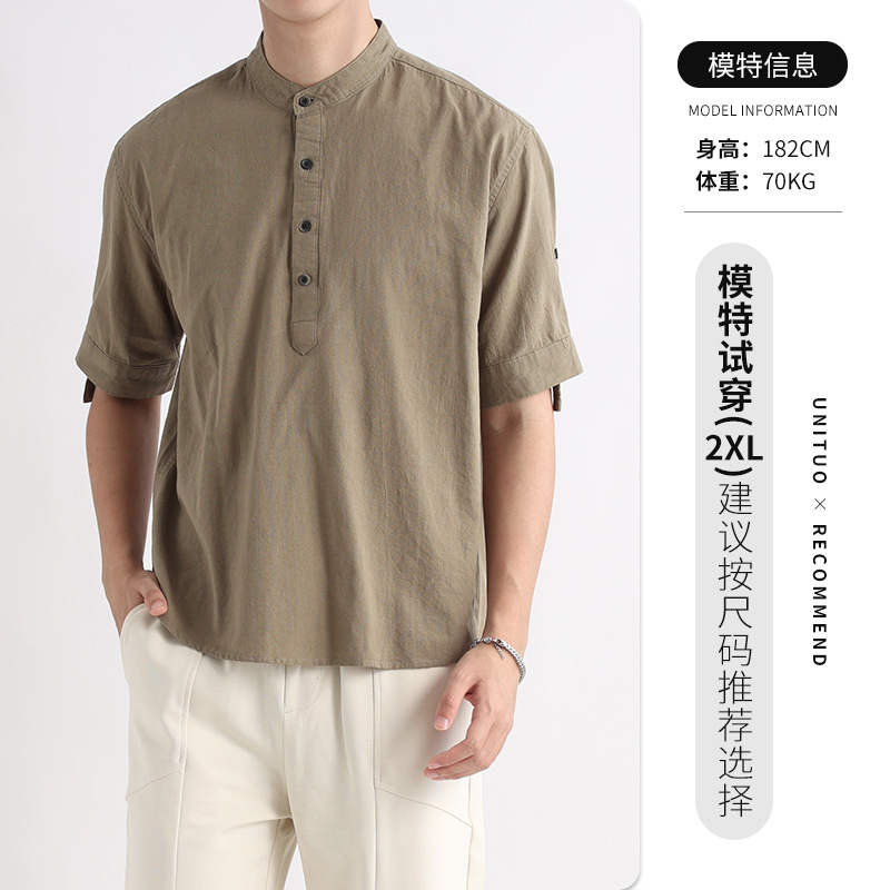 Camisa de hombre de manga corta con cuello Henry de algodón pesado, ropa de hombre suelta, marca de moda de verano para hombre, camisa casual de alta gama, verano para hombre