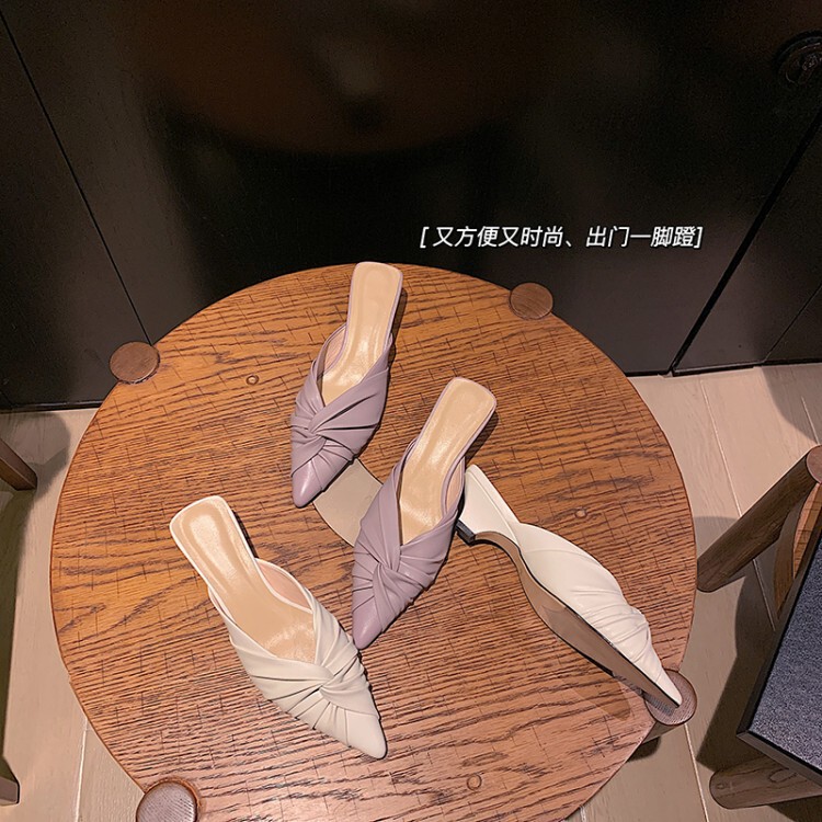 2022 Summer French Retro Women's Sandals Pointed Toe Medium High Heels Full Leather Muller Fashion Baotou Women's Shoes