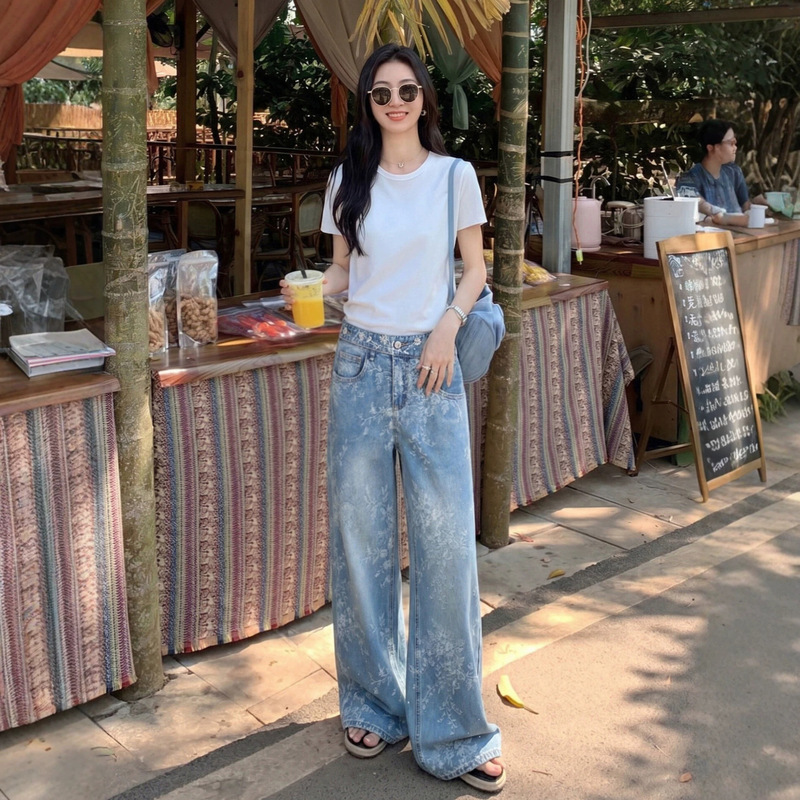 Li Shaonv Chinese Style Jacquard Jeans for Women 2026 Summer Women's Fashion Design Loose Printed Straight Wide-Leg Pants