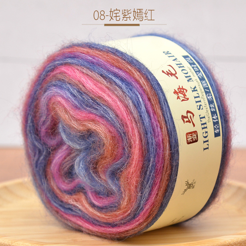 Sección de gradiente teñido pastel de mohair hilo lana tejida a mano media larga sección teñida bricolaje tejido suéter abrigo bufanda