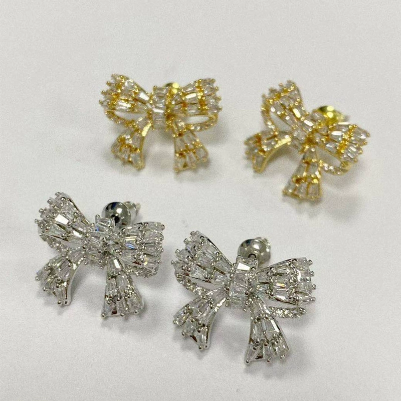 Аксессуар, zirconium с бантом, маленькие милые изящные подвижные серьги, микрорвёванная инкрустация