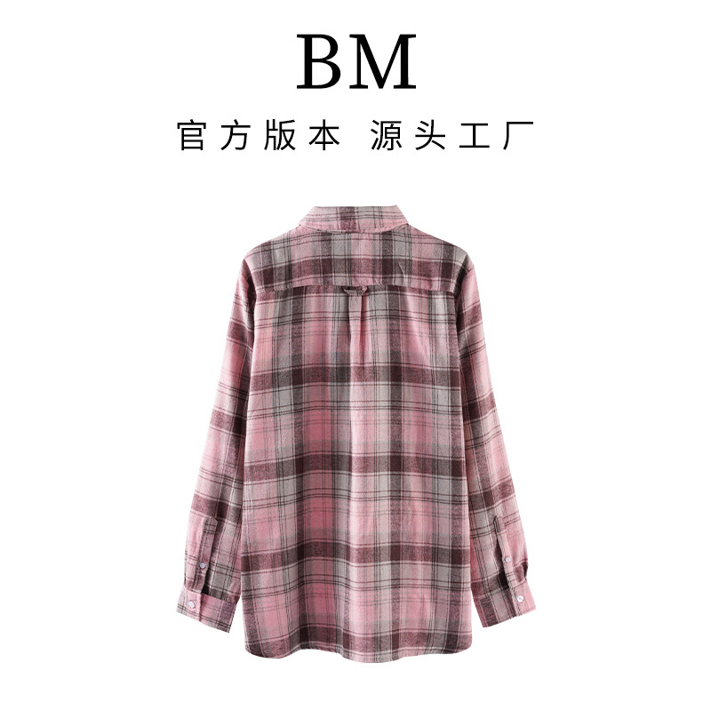 BM 셔츠 여성용 파우더 그레이 플레이드 새로운 느슨한 미국 스타일 레트로 캐주얼 중간 길이 게으른 스타일 셔츠 코트 탑
