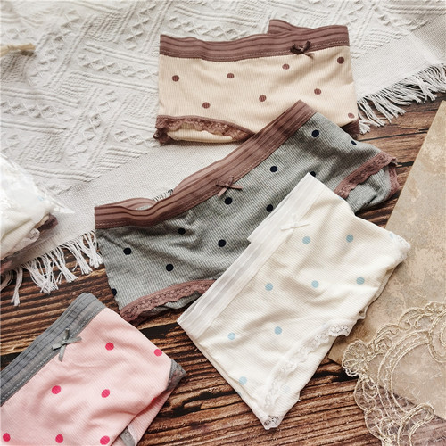 1757 cream polka dots#retro cute contrasting colors comfortable little dots cotton lace sexy women's underwear