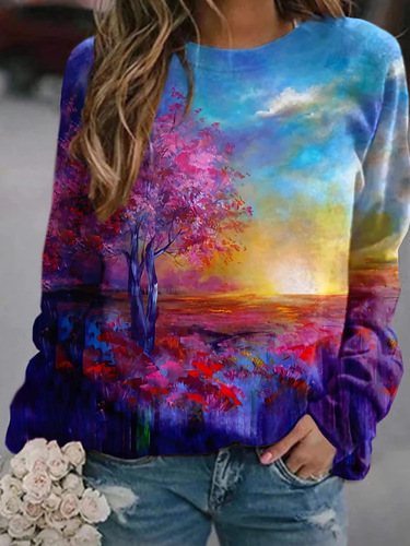 Autumn new 3D flower-and-bird printed urban casual round-collar pullover shoulder sweater