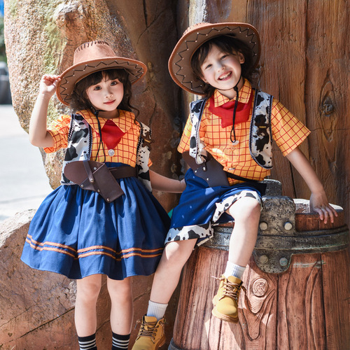 Children's Day June 1st Clothing for Girls and Boys: Denim Cartoon Woody Toy Story Dress and Shorts Set