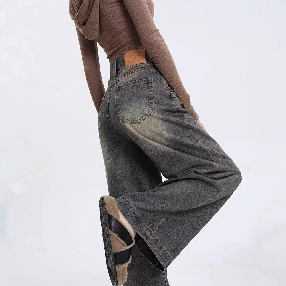 Retro autumn trousers, jeans, high waist, loose straight fit, high-quality style