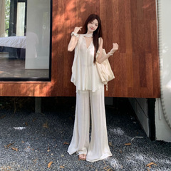 フレンチジェントルスーツノースリーブVネックルーズベスト婦人服2025夏ファッションハイウエストフロアモップパンツ2点セット