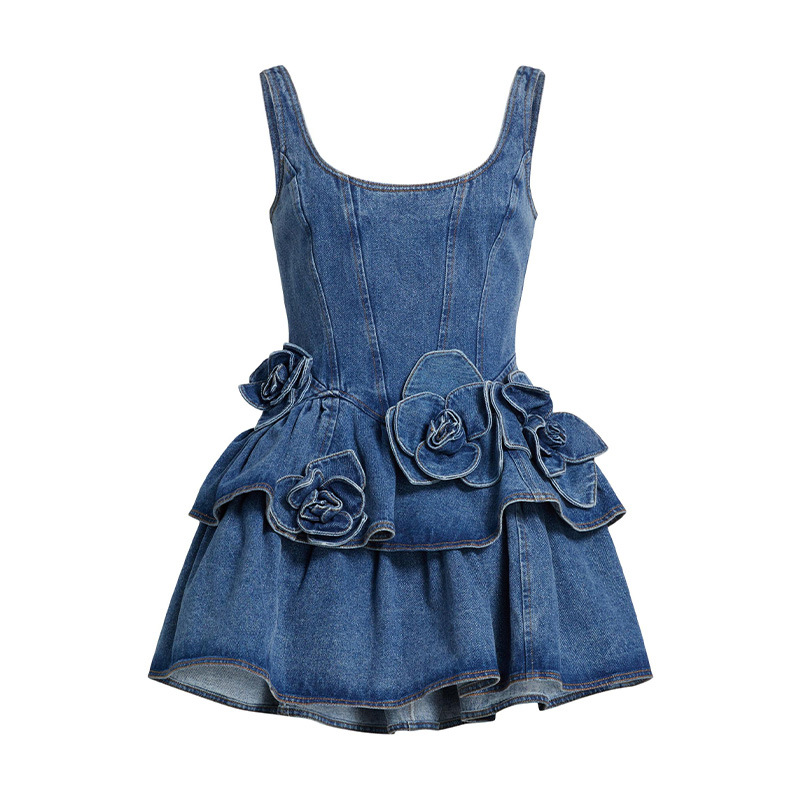 Denim slip dress, flowered