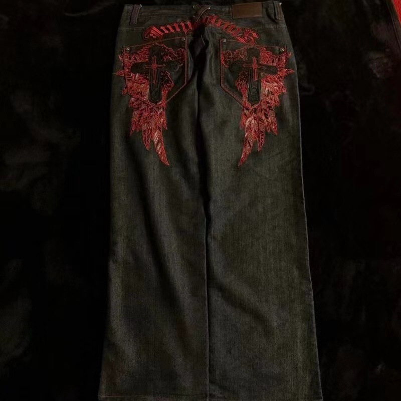 クロスボーダーメーカー直販アメリカンレトロ刺繍トレンディブランドヒップホップストリートワイドレッグハイウエストジーンズカジュアルで多用途|undefined