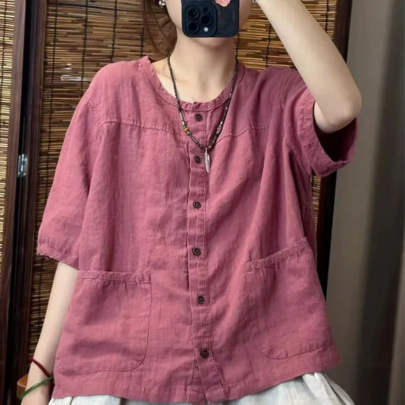 Женская летняя ретро сплошной топ среднего рукава женский большой карман однобортный многоцветный универсальный темперамент рубашка в китайском стиле