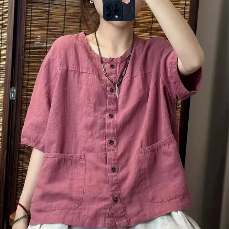 女装夏季复古纯色中袖上衣女大口袋单排扣多色百搭气质中国风衬衫