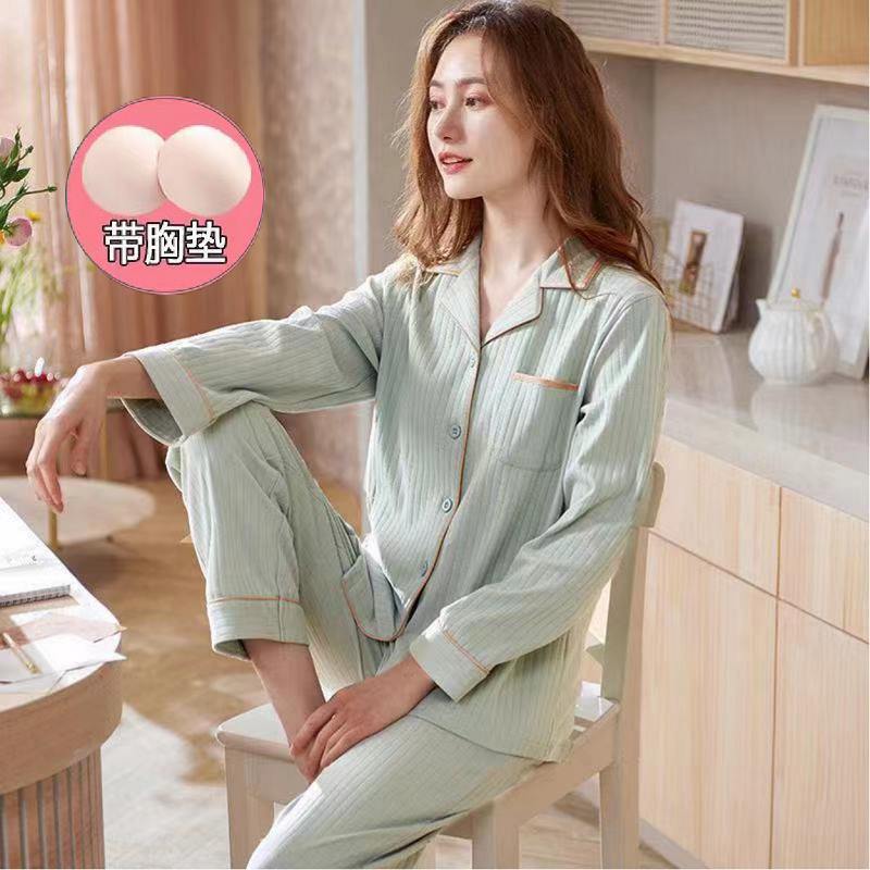 Otoño 100% pijamas de algodón puro con almohadilla en el pecho pantalones de manga larga traje de dos piezas de las mujeres delgadas simples homewear