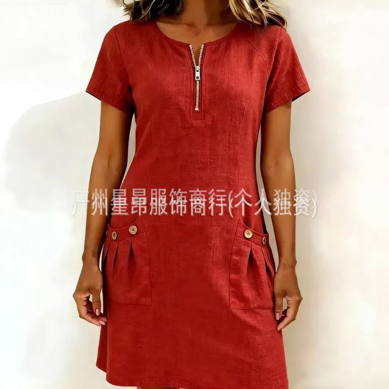 2026 Amazon Foreign Trade European and American Cross-Border New Style Short-Sleeved Solid Color Elegant Slimming Fashionable Zipper Women's Dress 2026 Amazon Foreign Trade European and American Cross-Border New Style Short-Sleeved Solid Color Elegant Slimming Fashionable Zipper Women's Dress