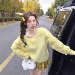 ピンクの立体的な花柄のゆったりとしたニットセーター、女性用、春と秋の外着、フレンチスタイルの優しいルーズニット