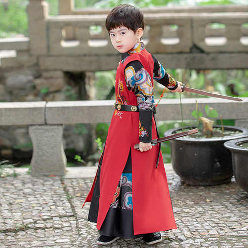 Boy kids Chinese  Dragon ancient folk costumes Han Ming Performance cosplay swordsman warrior performance robe studied Chinese boy hanfu children