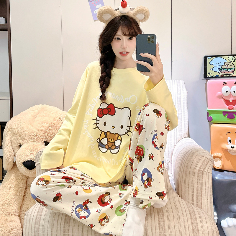 Pure cotton pajamas for women, spring and autumn, plus size, long-sleeved set, cartoon design, suitable for middle school students, can be worn as outerwear, girls' loungewear