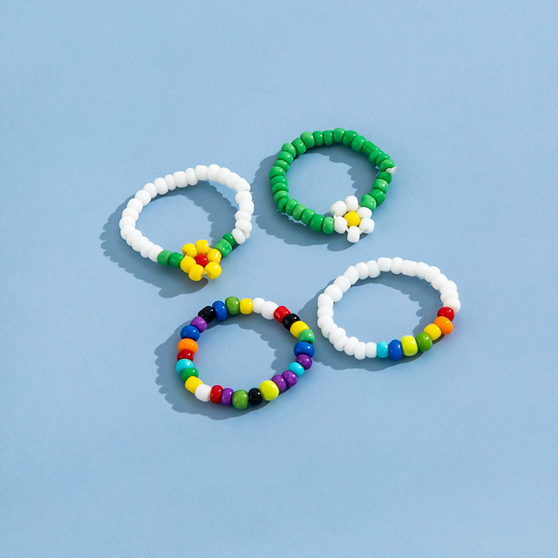 New Arrival Beach Series Colorful Bead Small Flower Elastic Toe Ring 4-piece Set display picture 5