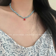 夏日新款蓝色串珠项链红心小众锁骨链个性设计感颈链ins风韩版女~