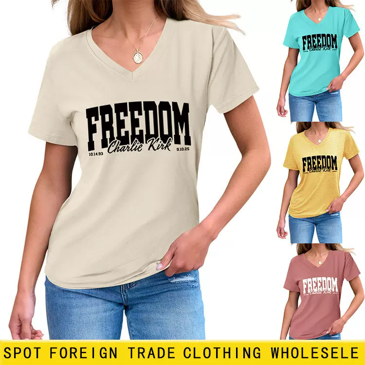 freedom Charlie Kirk欧美ebay独立站舒适简约女士V领短袖T恤外贸