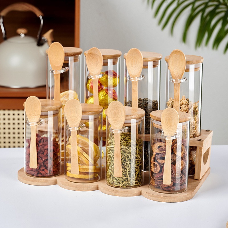 Juego de combinación de latas de condimentos, latas de vidrio selladas, latas de té perfumadas, latas de almacenamiento de subpaquetes de té, latas redondas a prueba de humedad con cuchara