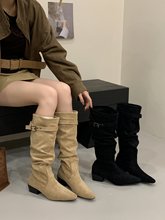 2025秋冬尖头高跟堆堆靴长靴女新款秋冬磨砂绒面瘦瘦长筒骑士靴子