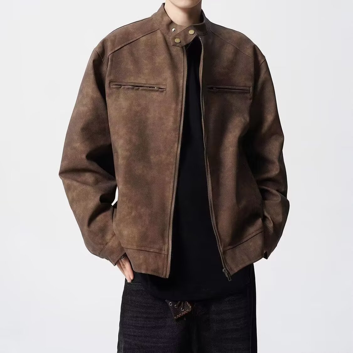 boy American Style Brown Leather For Men High-End Cleanfi Flight Loose Casual Motorcycle Jacket Men's Clothing_voghion.com