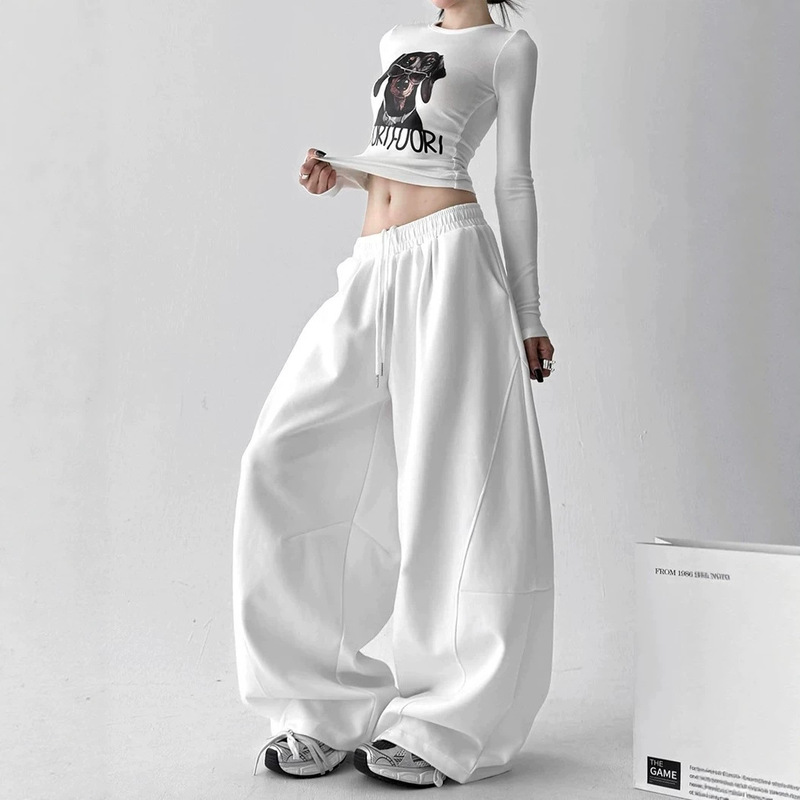 White wide-leg sports pants for women, new autumn style, high-waisted, straight-cut, versatile, loose, casual, relaxed, banana-style sweatpants