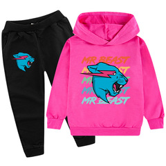 跨境熱銷圖案MR BEAST中大童裝兒童男孩套裝休閒連帽衫衛衣+長褲