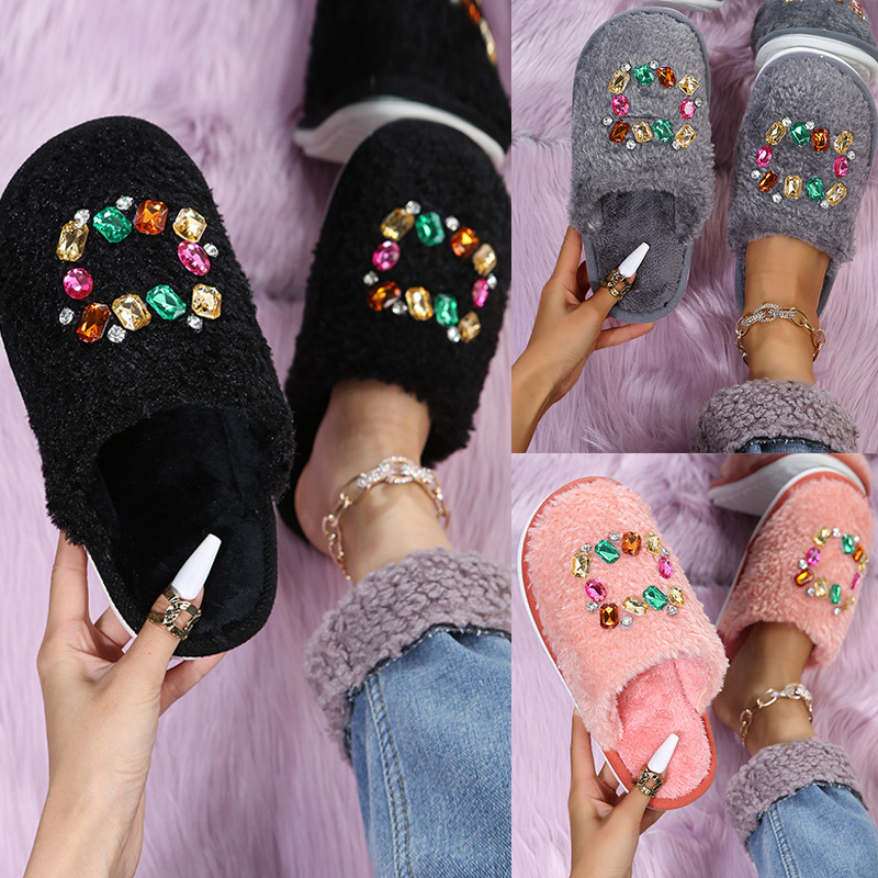 Colored Furry Rhinestone Flat Bottom Slippers NSKJX104248