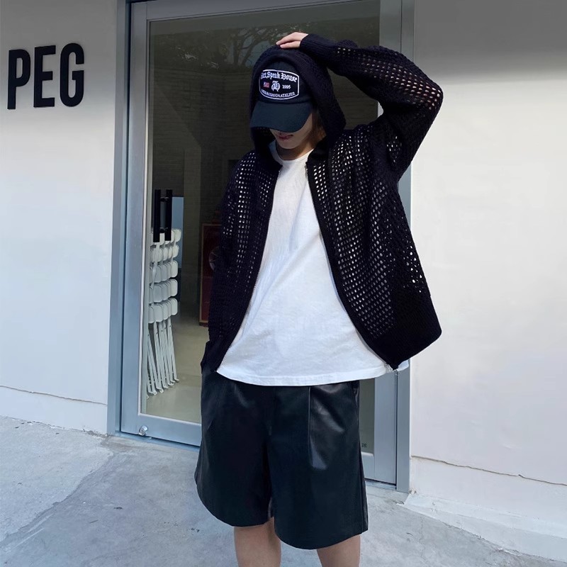 Chaqueta de suéter de punto hueco con capucha, ropa de protección solar transpirable de seda de hielo de verano para hombres, ocio, marea salvaje, comercio exterior transfronterizo al por mayor image 4
