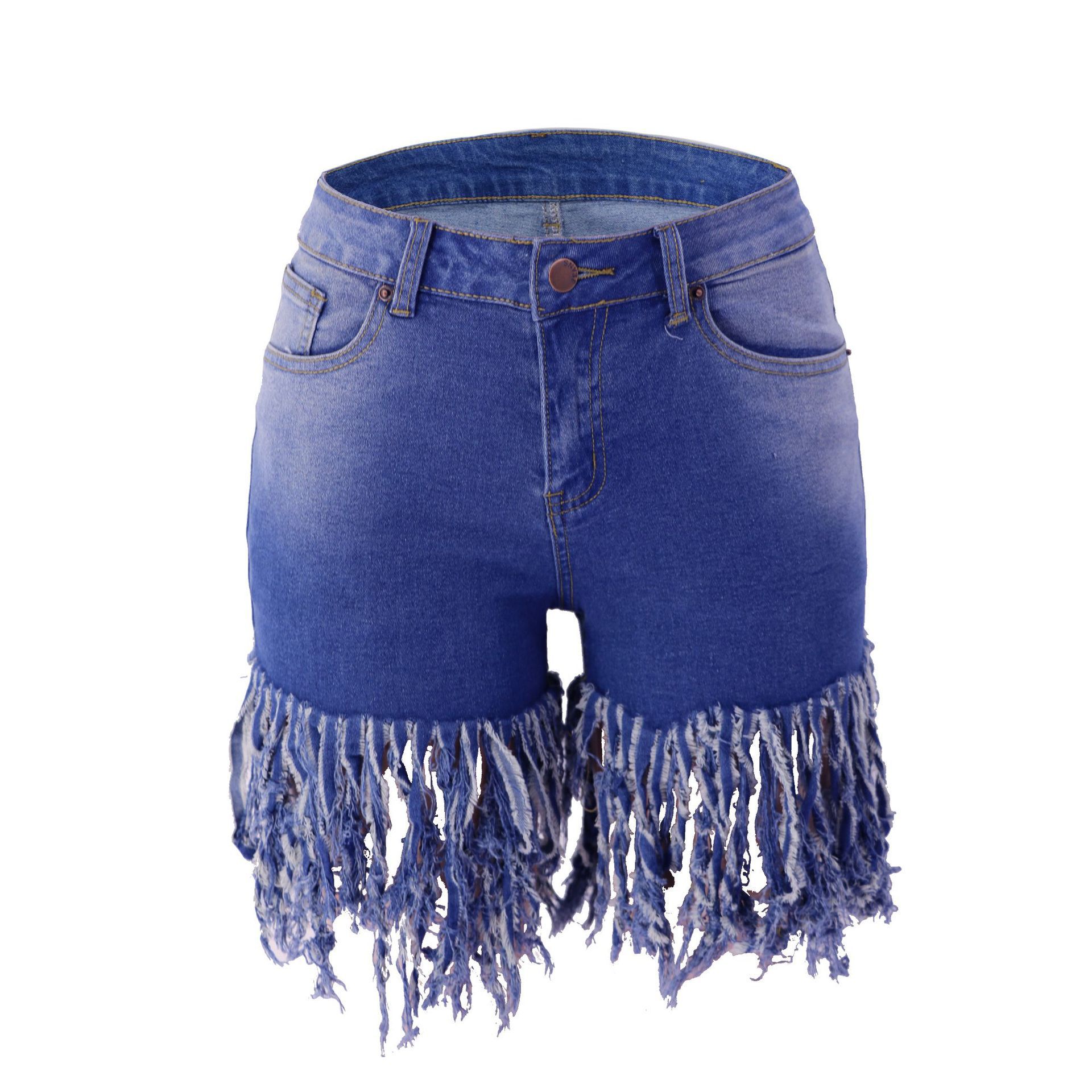 high waist long fringe slim denim shorts NSARY126792