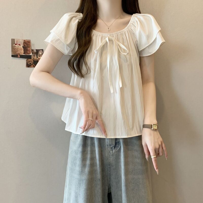 女性用の大きいサイズの夏用フレンチスリーブシャツ、太った女の子向けのゆったりとしたお腹カバープリーツトップス、薄いリボンタイシャツ|undefined