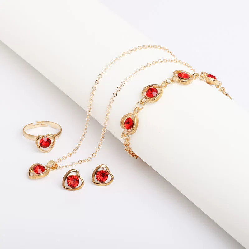 Fashionable necklace and earrings heart-shaped, ring, bracelet, set, Amazon, European style, 4 piece set