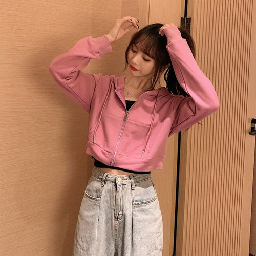 New 2025 Autumn Women's Short-sleeve Hooded Zip-up Sweatshirt Coat Pure Color Korean Style Thin Sweatshirt Fashion Outerwear