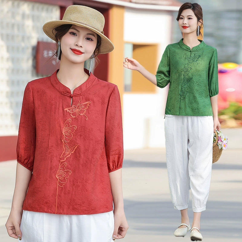2025 мама платье летняя новая футболка с половиной рукава топ для женщин среднего и пожилого возраста китайский стиль ретро вышитая рубашка