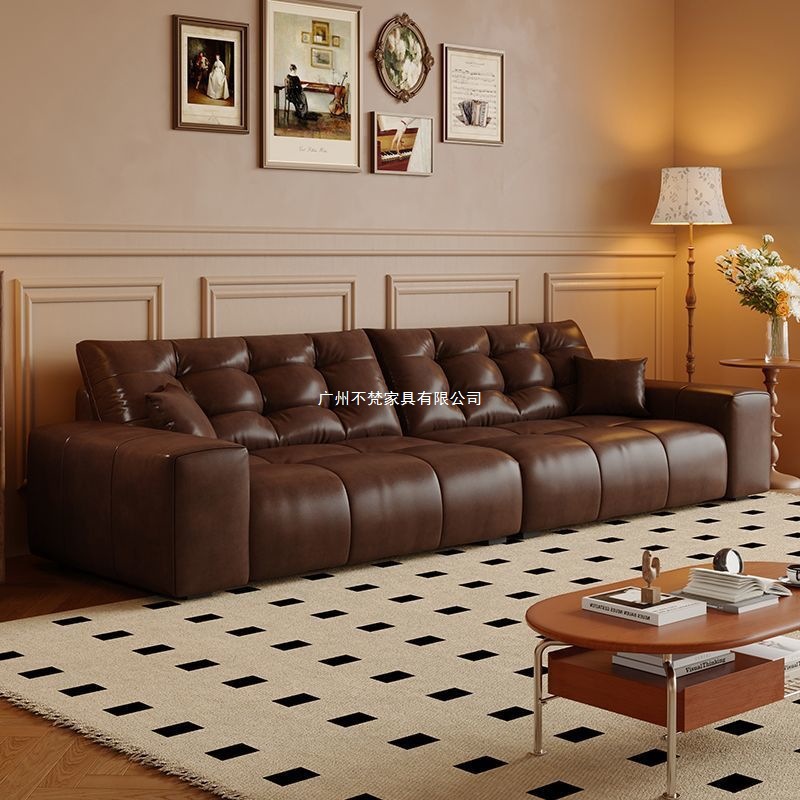 French Retro Style Oil Wax Cat Scratch Leather Sofa Living Room Small Apartment Modern Simple Mid-Century Style Old Brown Sofa