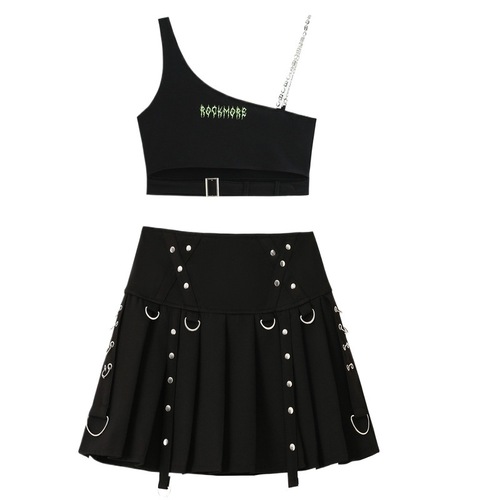 American Black Spice Set for Women - Design-Savvy Short-Sleeve Tank Top with Straps, Retro Work Semi-Skirt, Three-Piece Set