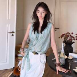薄荷绿交叉围裹系带无袖衬衫女小众设计感背心气质上衣
