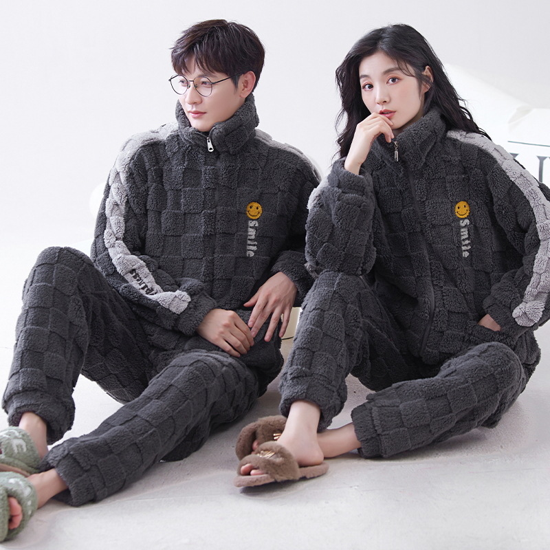 Pijamas de pareja de invierno de las mujeres de coral de lana collar de pie estilo deportivo ligero se puede usar fuera de forro polar engrosada homewear traje de manga larga