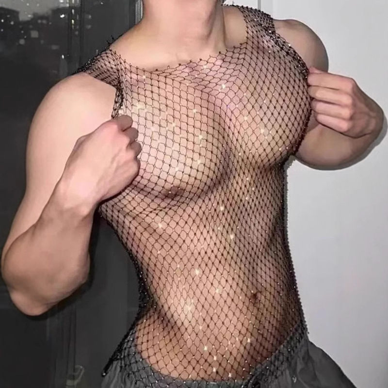 Sparkling Diamond Sexy Men's T-Shirt Half Vest Top Transparent See-Through Versatile Fishnet Nightclub Performance Mesh Black