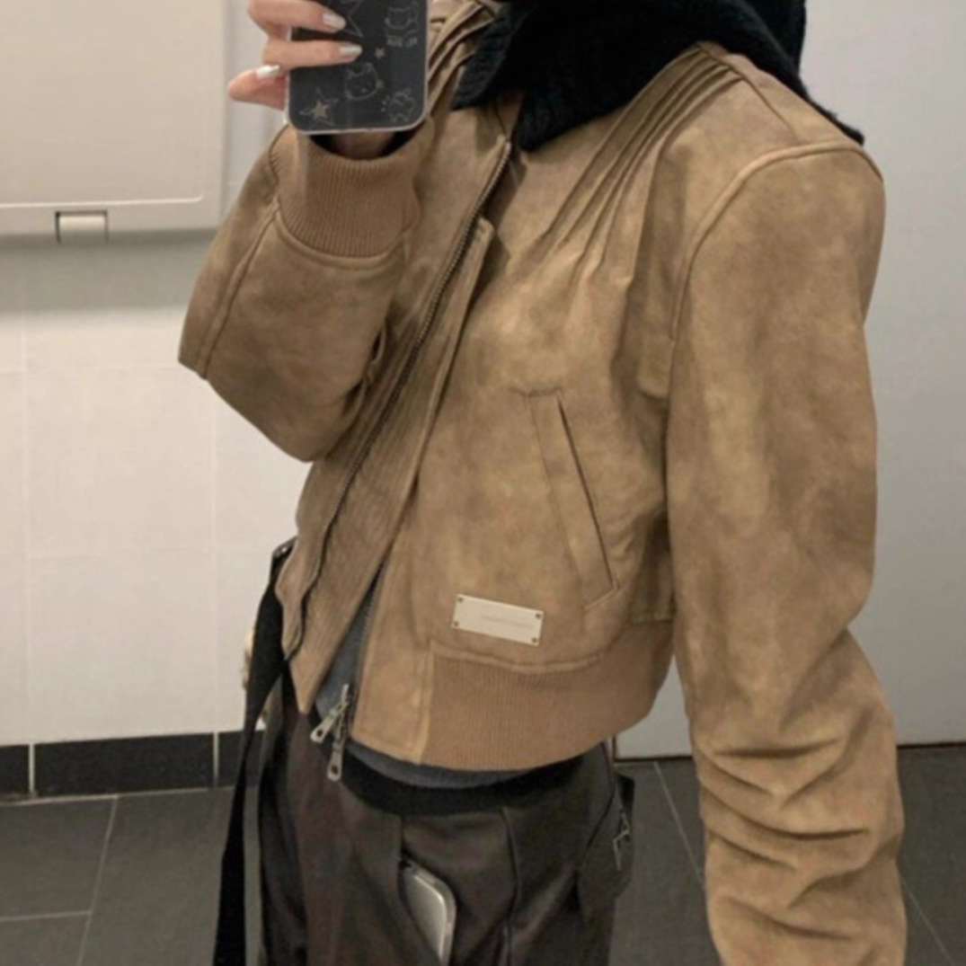 2025 Spring New Niche Design Motorcycle Leather Jacket American Retro Distressed Short Leather Coat for Women