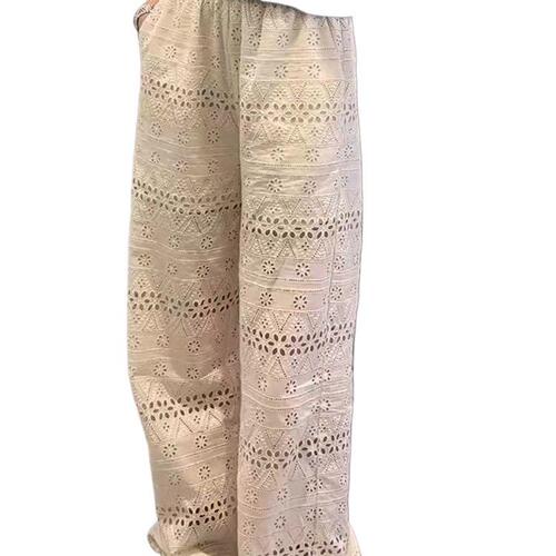 Cotton large-size women's clothing summer thin lace hollowed-out loose wide-leg pants, high-waist slimming straight casual pants.